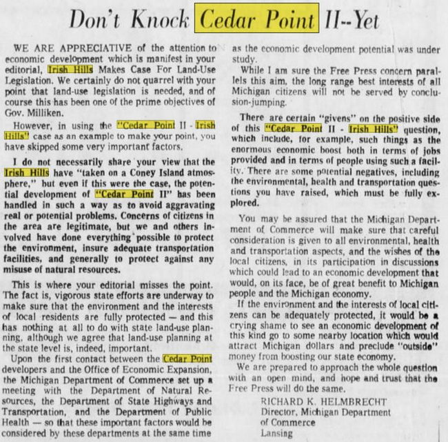 Cedar Point II, Irish Hills Amusement Park, Kingdom of Adventure, Little Michigan - Irish Hills Aug 14 1974 Article (newer photo)